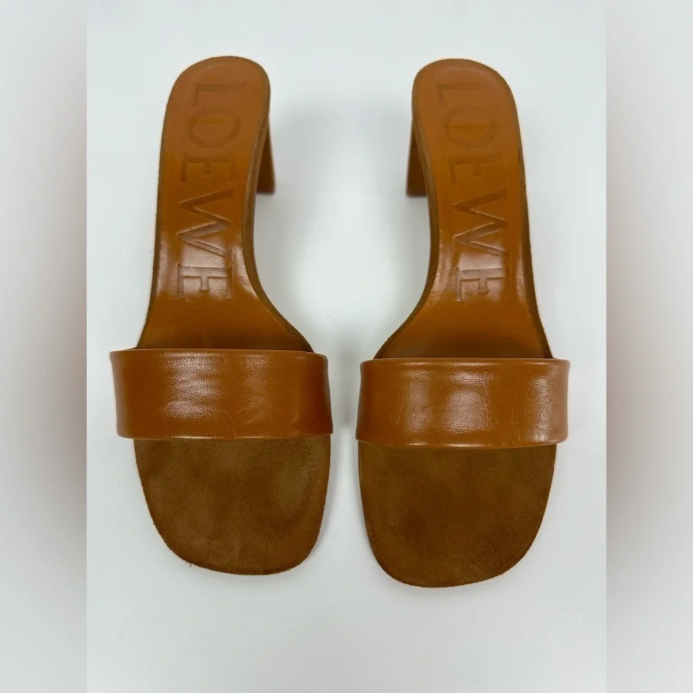 Loewe Caramel Brown Suede and Leather Mule Slide Sandals Sz 38 - Picture 2 of 9